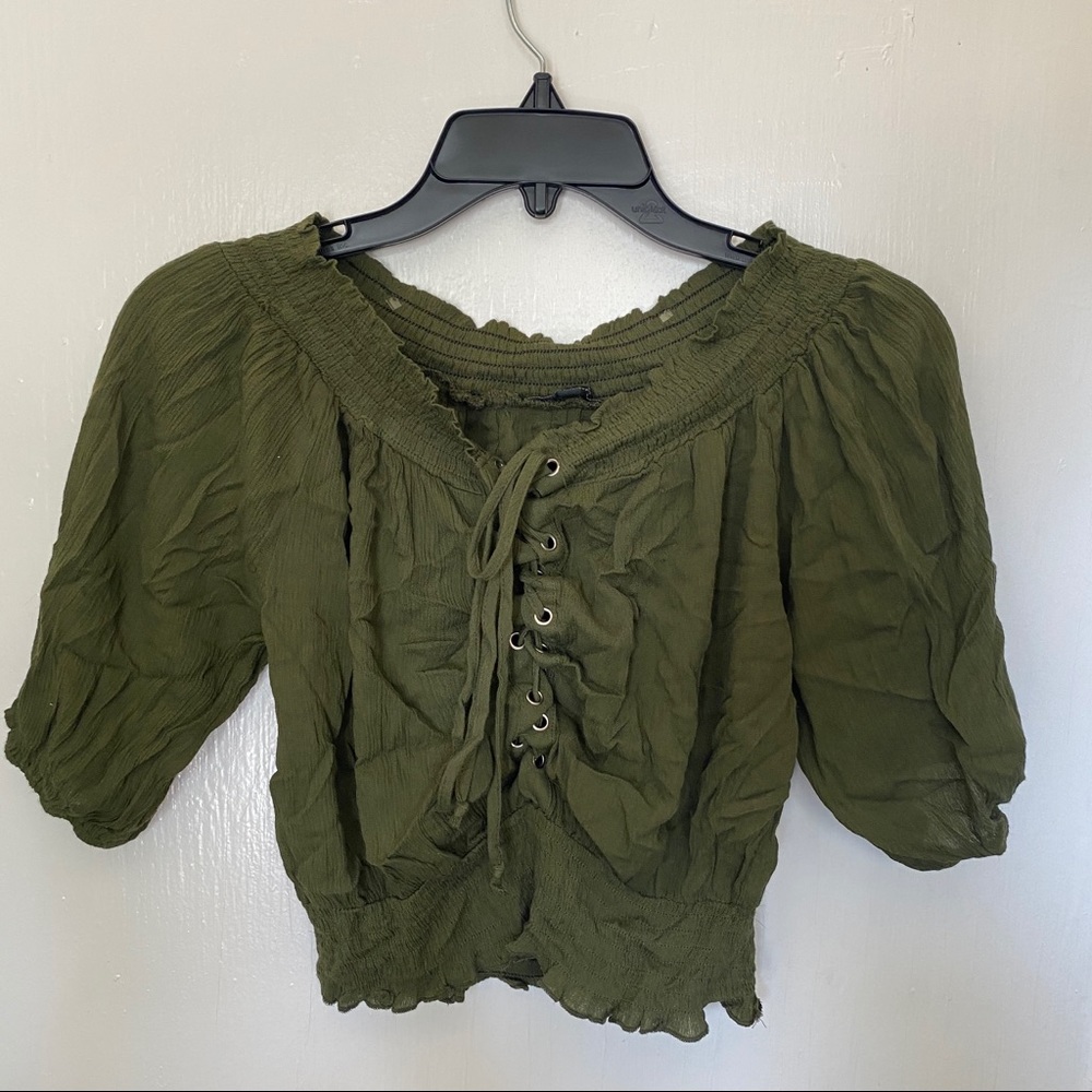 off shoulder lace up green tee